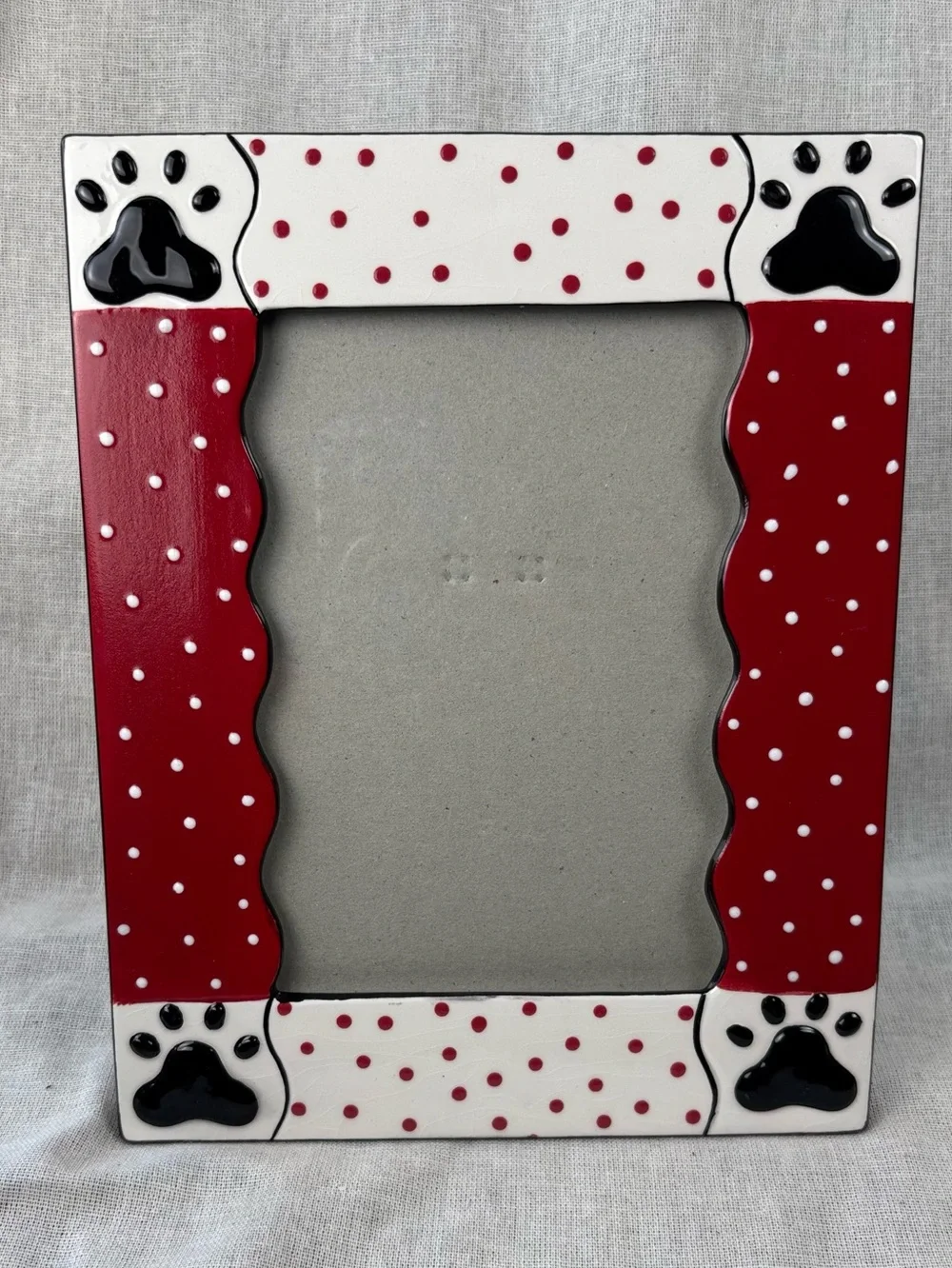 VTG Boyds Home Ceramic Paw Print Pet Photo Frame Red White 5x7 Dog Cat 2004